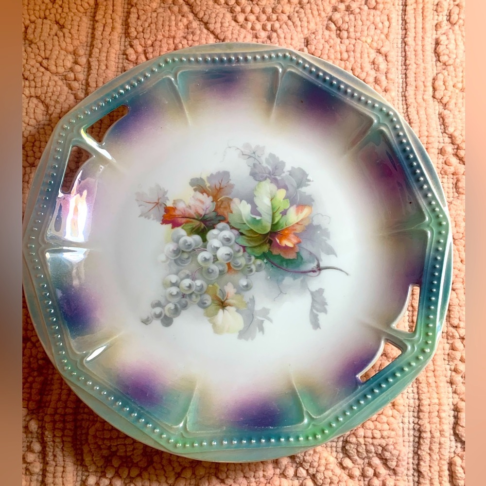 PK Silesia Antique Luster Floral and Grapes Beaded Scalloped Plate with Cutouts